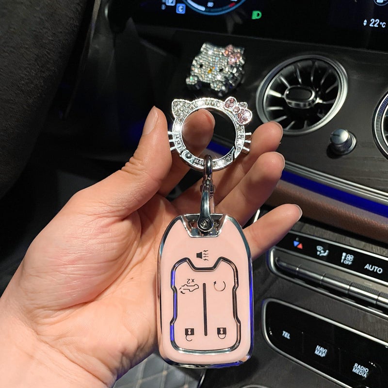 Pangpai Pink Car Accessories 3 Pcs for Chevy GMC Silverado Sierra 1500 2500HD 3500HD Terrain Acadia 5 Buttons Key Fob Cover with Bling Keychain Cute Push to Start Button Cover - Image 4
